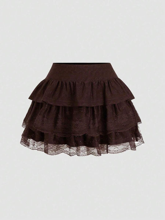 A-line Jersey Peplum Skirt – Multiple Layers, Black Textured Lace Y2K Style