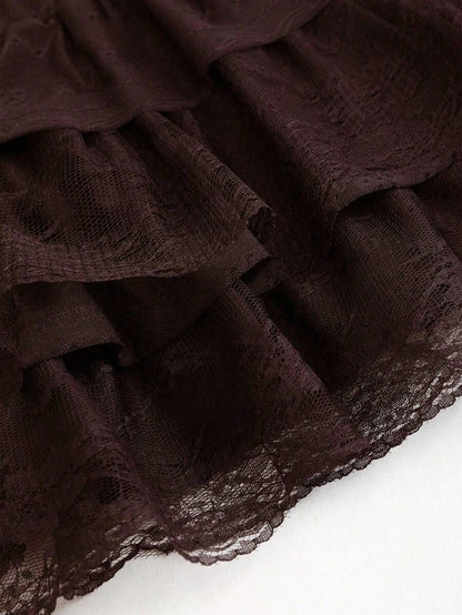 A-line Jersey Peplum Skirt – Multiple Layers, Black Textured Lace Y2K Style