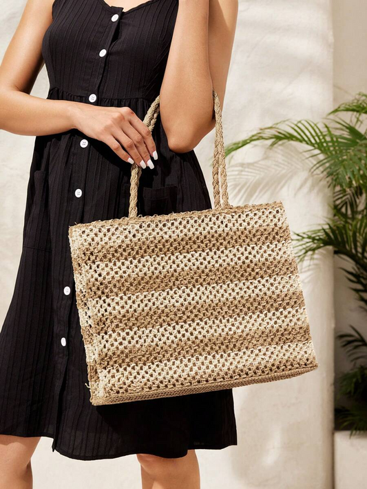 Beach Tote Bag – Two-Tone Striped with Shoulder Strap حقيبة شاطئ-1