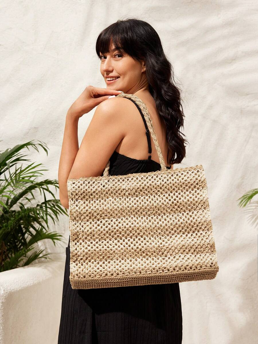 Beach Tote Bag – Two-Tone Striped with Shoulder Strap حقيبة شاطئ-2