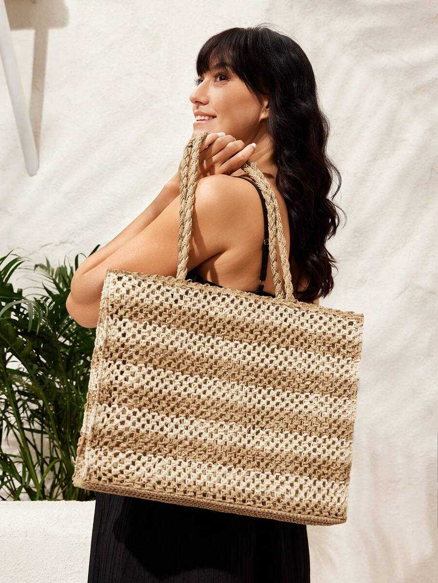 Beach Tote Bag – Two-Tone Striped with Shoulder Strap حقيبة شاطئ