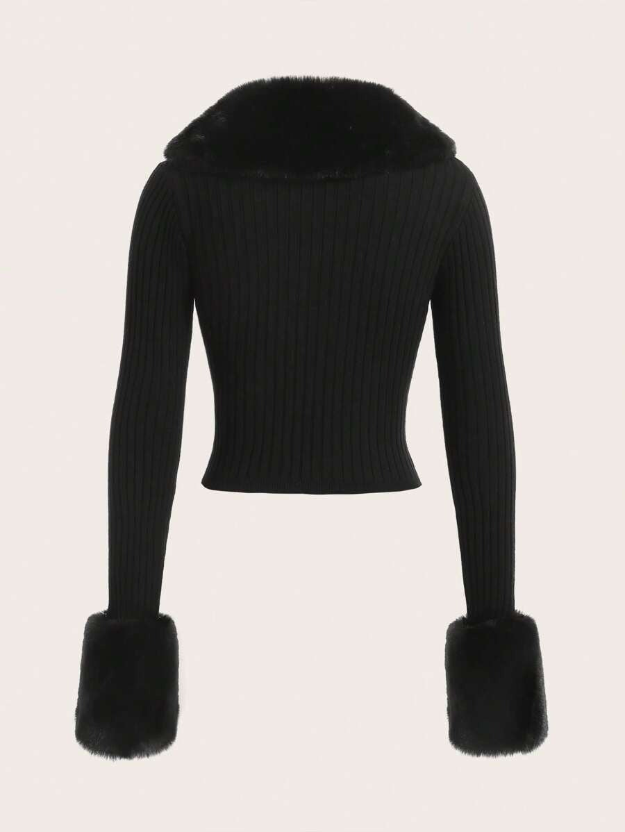 Black Long Sleeve Cardigan with Fur Cuffs