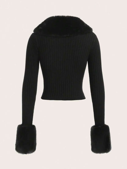 Black Long Sleeve Cardigan with Fur Cuffs