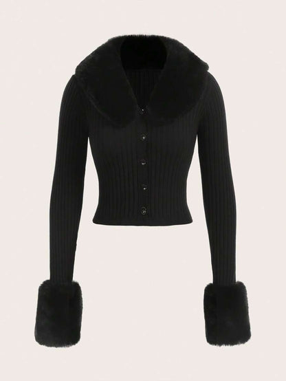 Black Long Sleeve Cardigan with Fur Cuffs