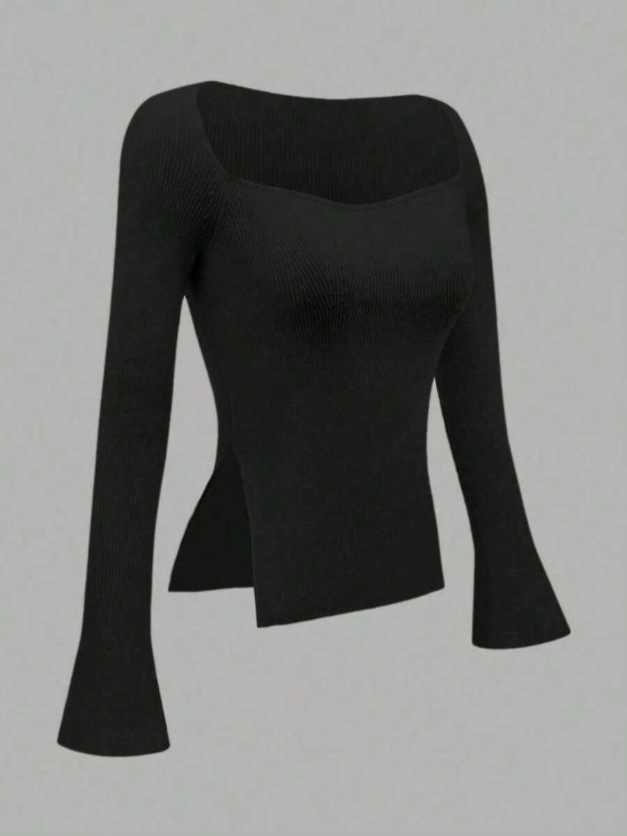 Black Vintage Knit Top Maija Ribbed Crochet Style Blouse