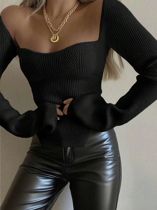 Black Vintage Knit Top Maija Ribbed Crochet Style Blouse