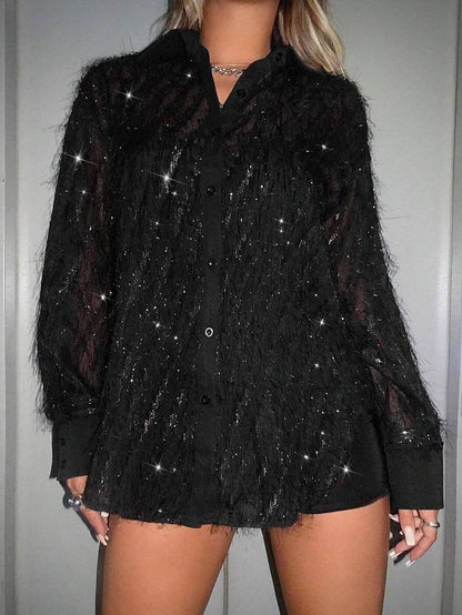 Black Sequined Blouse With Velvet Details, Streetwear