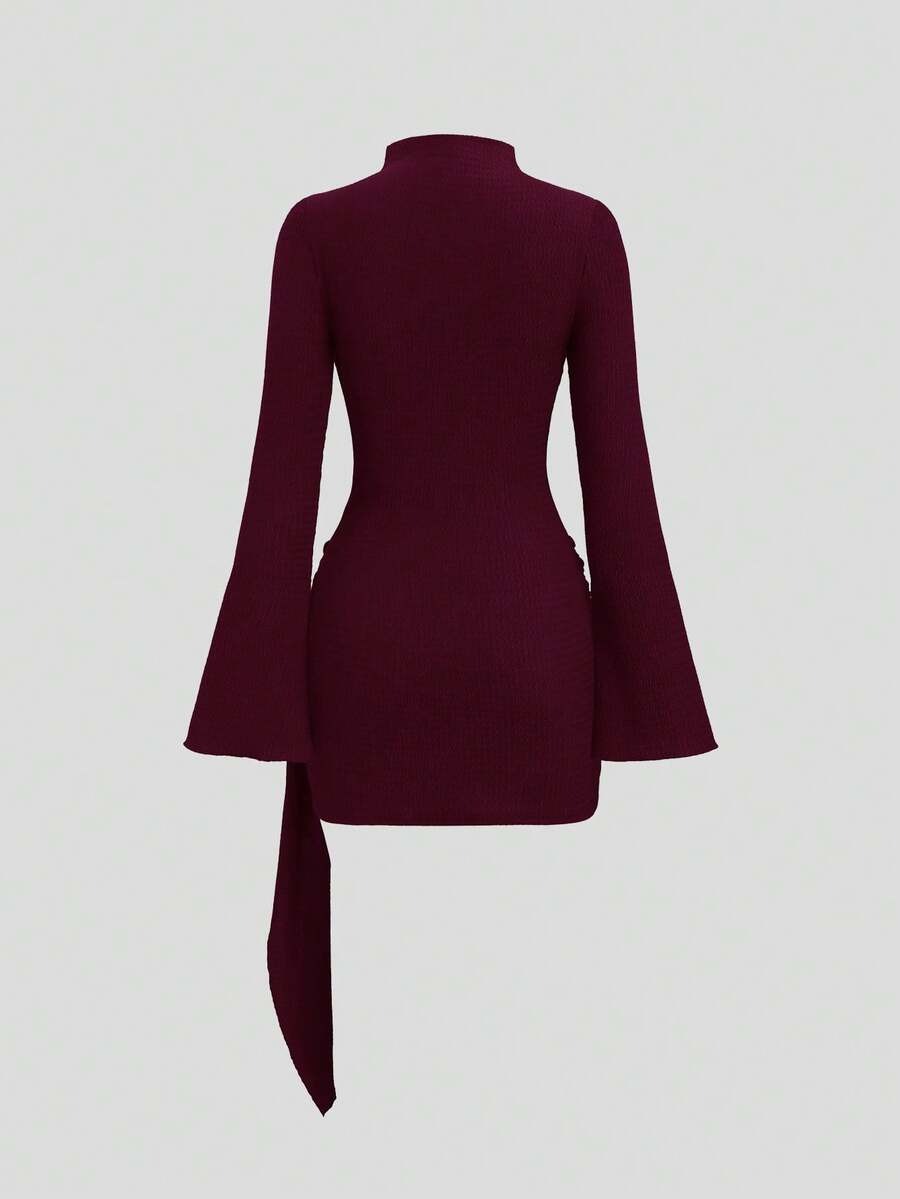 Bodycon Midi Dress with Wide Sleeves and Tie Waist, Simple Design for Women