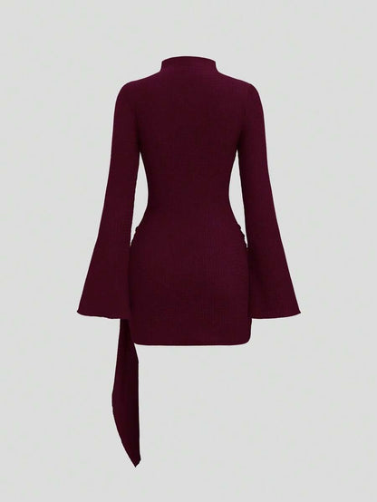 Bodycon Midi Dress with Wide Sleeves and Tie Waist, Simple Design for Women