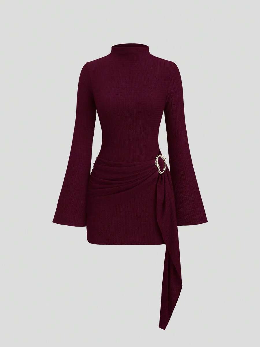 Bodycon Midi Dress with Wide Sleeves and Tie Waist, Simple Design for Women