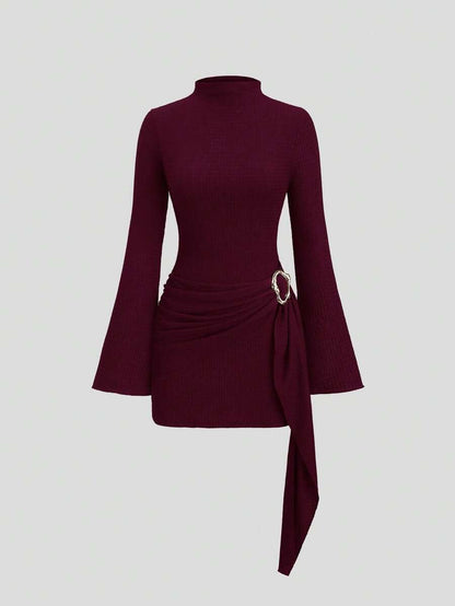 Bodycon Midi Dress with Wide Sleeves and Tie Waist, Simple Design for Women