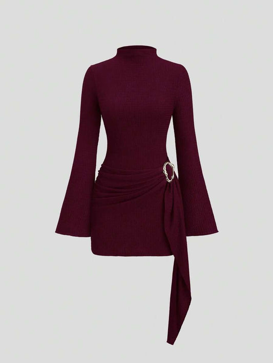 Bodycon Midi Dress with Wide Sleeves and Tie Waist, Simple Design for Women