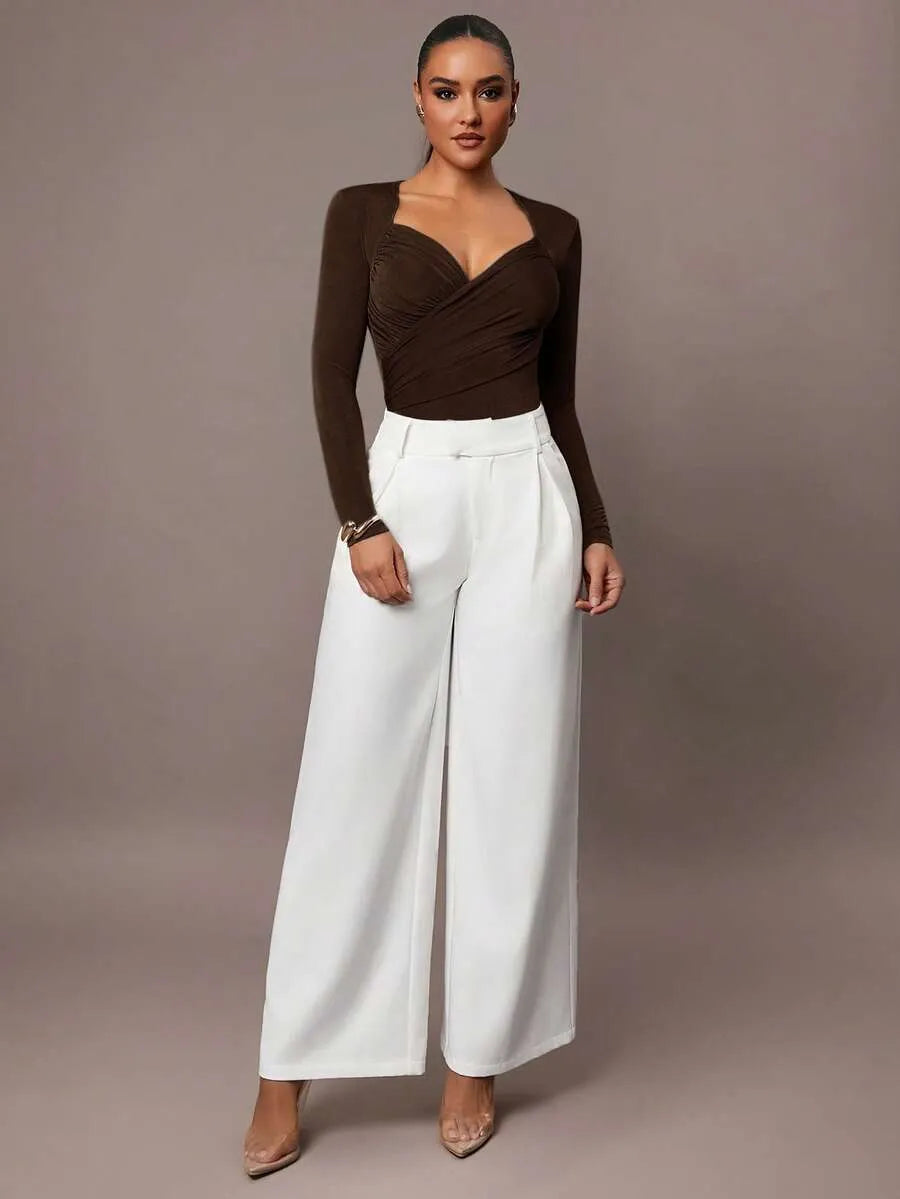 Brown Petite Jumpsuit Ruffles & Asymmetrical Ribbed Design