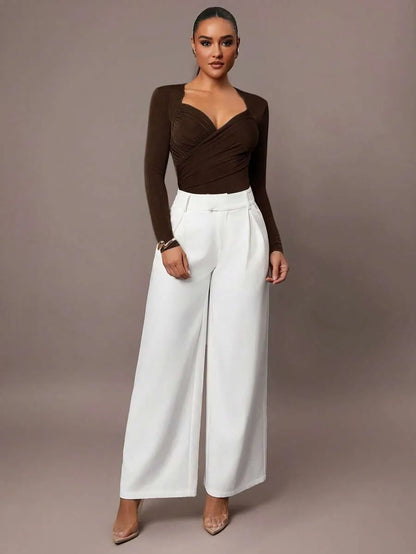 Brown Petite Jumpsuit Ruffles & Asymmetrical Ribbed Design