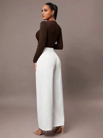 Brown Petite Jumpsuit Ruffles & Asymmetrical Ribbed Design