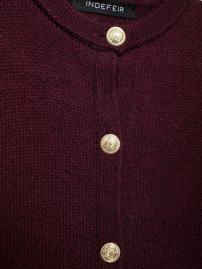 Burgundy casual cardigan sweater with gold button details