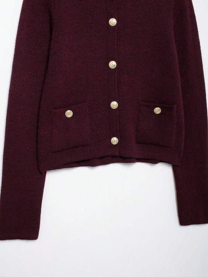 Burgundy casual cardigan sweater with gold button details