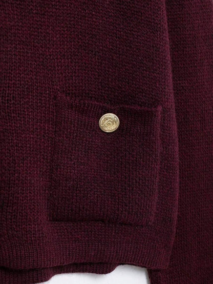 Burgundy casual cardigan sweater with gold button details