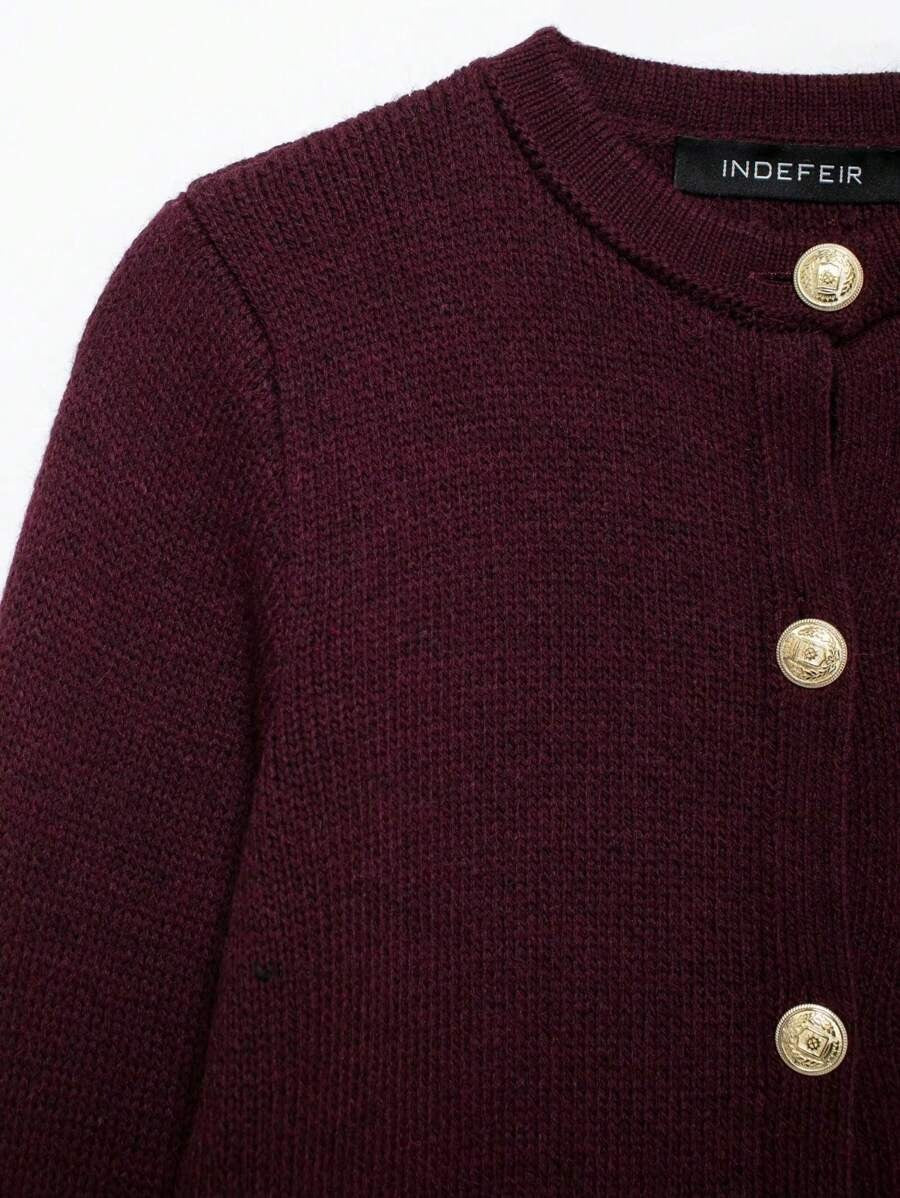Burgundy casual cardigan sweater with gold button details