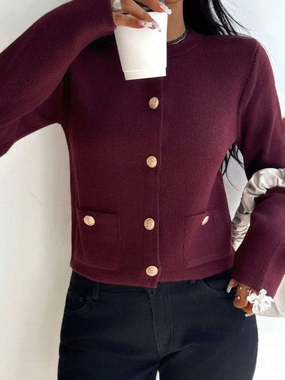 Burgundy casual cardigan sweater with gold button details