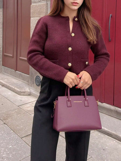 Burgundy casual cardigan sweater with gold button details