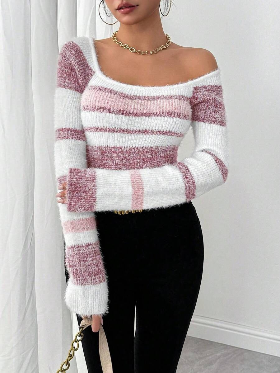 Crew Neck Plaid Wool Sweater Long Sleeve Casual Style