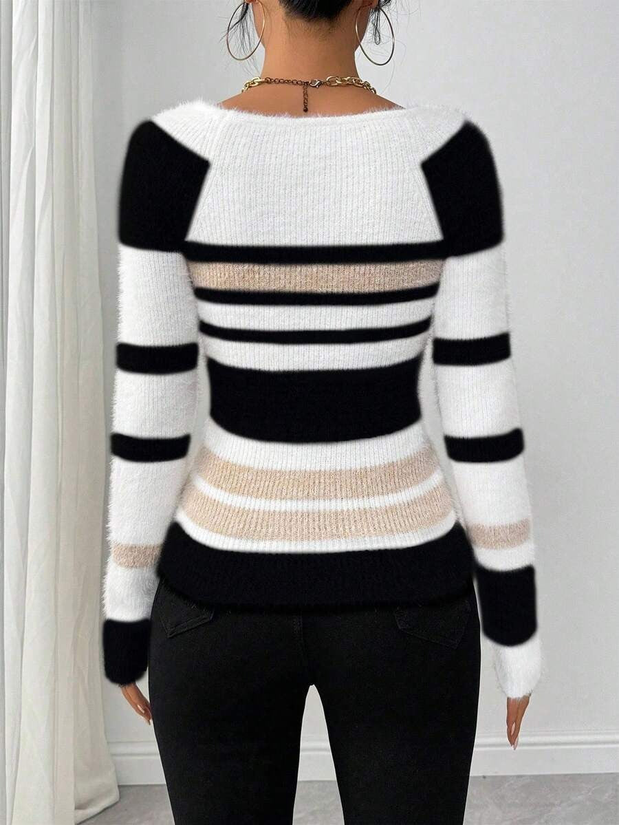 Crew Neck Plaid Wool Sweater Long Sleeve Casual Style - Black