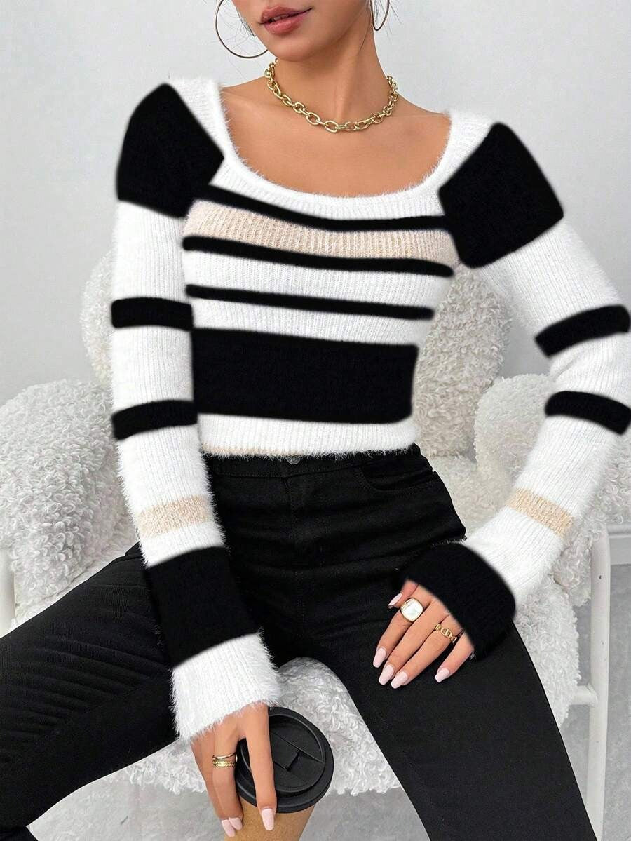 Crew Neck Plaid Wool Sweater Long Sleeve Casual Style - Black