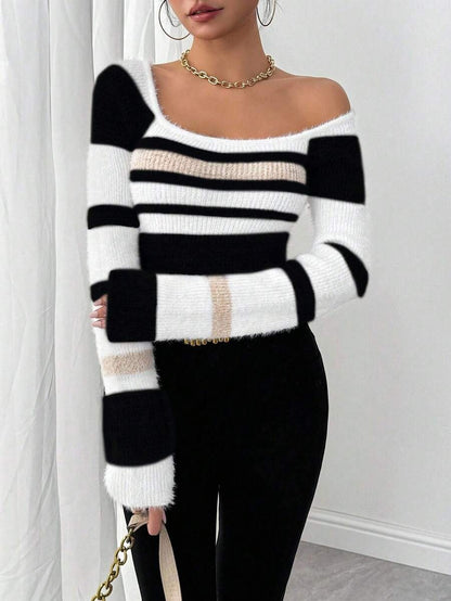 Crew Neck Plaid Wool Sweater Long Sleeve Casual Style - Black