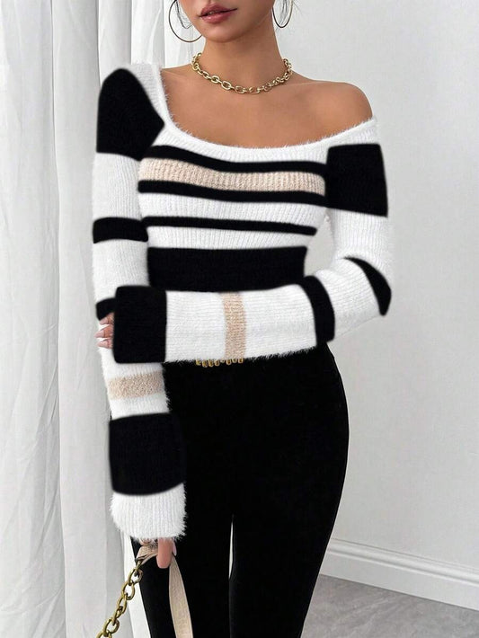 Crew Neck Plaid Wool Sweater Long Sleeve Casual Style - Black