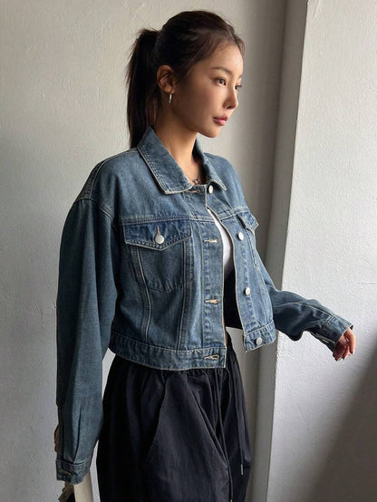 Denim Jacket Button Front Casual Style with Pockets