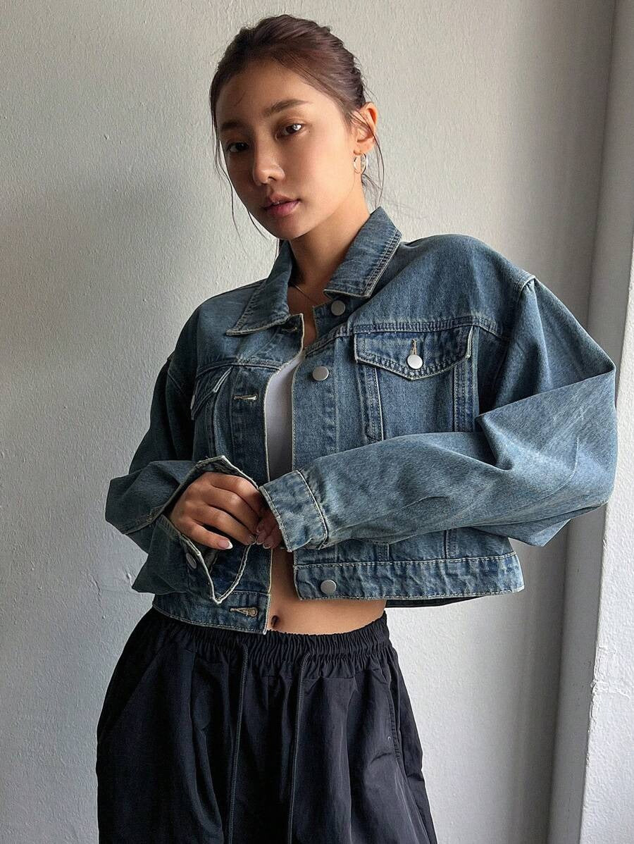Denim Jacket Button Front Casual Style with Pockets