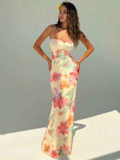 Elegant Floral Print Dress for Women with Open Back