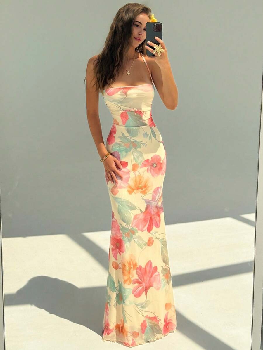 Elegant Floral Print Dress for Women with Open Back