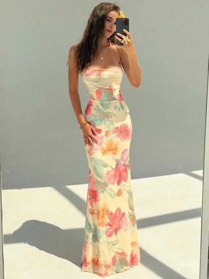 Elegant Floral Print Dress for Women with Open Back