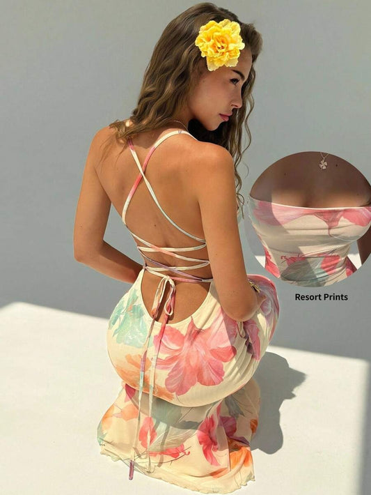 Elegant Floral Print Dress for Women with Open Back