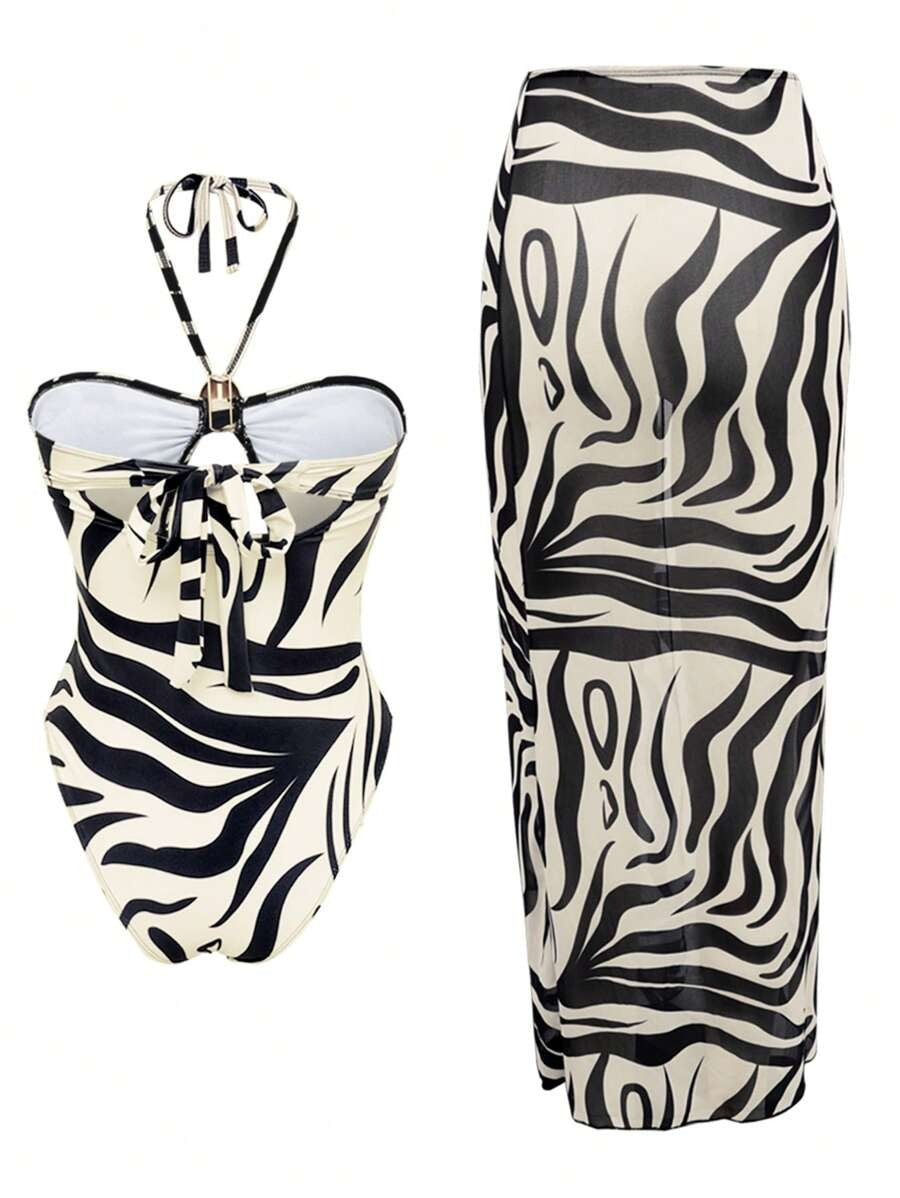 Elegant High-Cut Swimsuit Set with Mesh Skirt – Summer Beach & Resort Style
