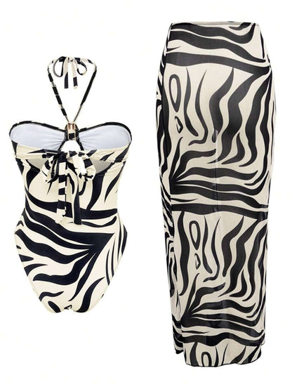 Elegant High-Cut Swimsuit Set with Mesh Skirt – Summer Beach & Resort Style