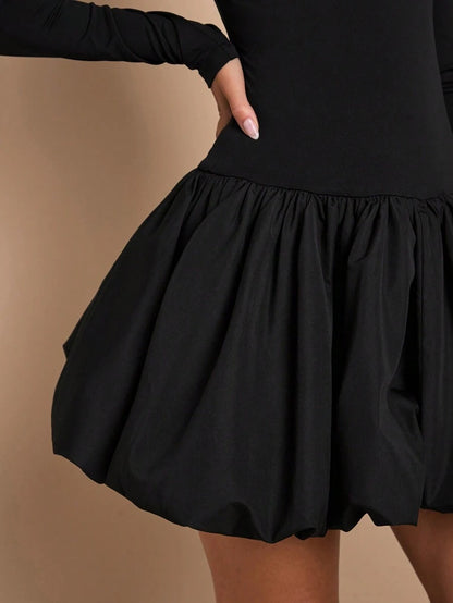 Elegant Long-Sleeved Dress With a Large, Draped Neckline, Fitted Silhouette For Women