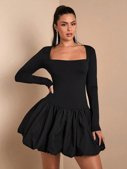 Elegant Long-Sleeved Dress With a Large, Draped Neckline, Fitted Silhouette For Women