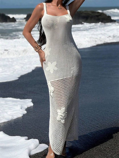 Elegant Resort Dress with 3D Floral Embroidery, White Hollow Crochet Look, Open Back