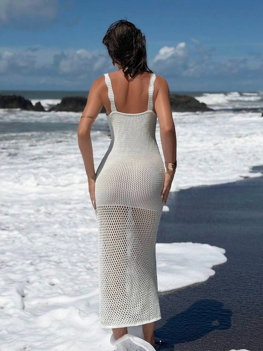 Elegant Resort Dress with 3D Floral Embroidery, White Hollow Crochet Look, Open Back