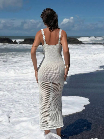 Elegant Resort Dress with 3D Floral Embroidery, White Hollow Crochet Look, Open Back