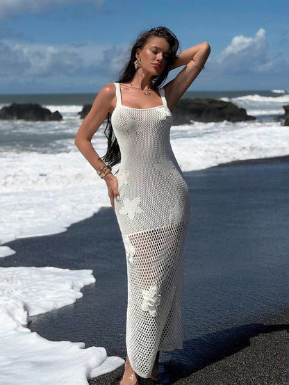 Elegant Resort Dress with 3D Floral Embroidery, White Hollow Crochet Look, Open Back
