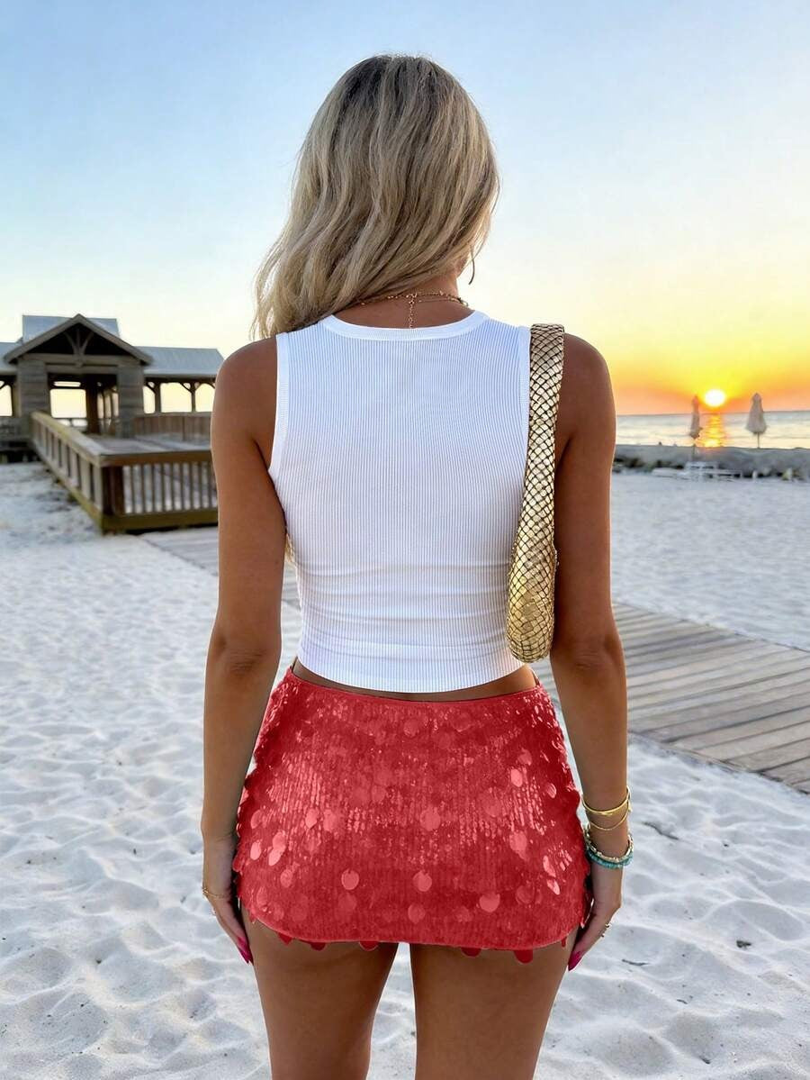 Embroidered Lavender Top & Red Sequin Mini Skirt – Y2K Summer Beach Style