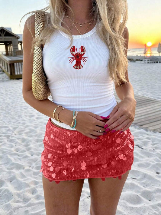 Embroidered Lavender Top & Red Sequin Mini Skirt – Y2K Summer Beach Style