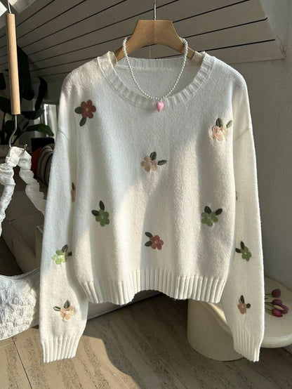 Floral Embroidered Knitwear Long Sleeve Loose Fit
