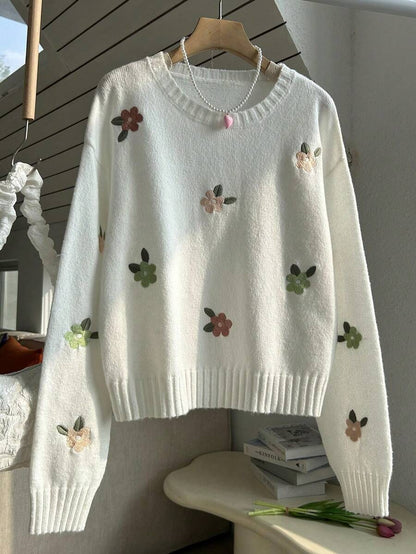 Floral Embroidered Knitwear Long Sleeve Loose Fit