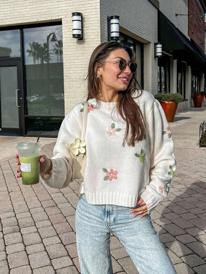 Floral Embroidered Knitwear Long Sleeve Loose Fit