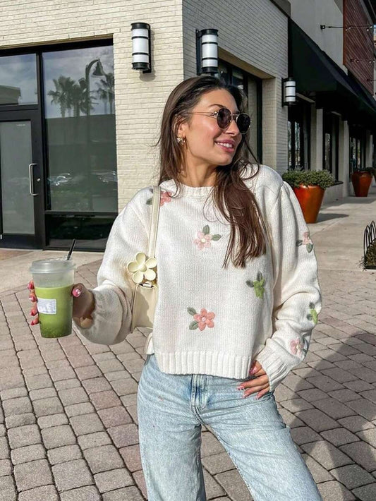 Floral Embroidered Knitwear Long Sleeve Loose Fit
